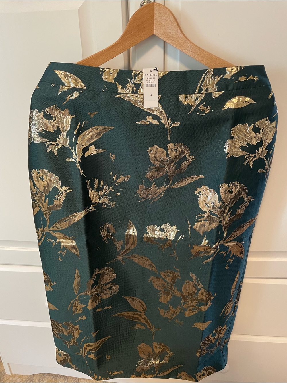 Talbots Emerald Green Pencil Skirt with Gold Floral Jacquard